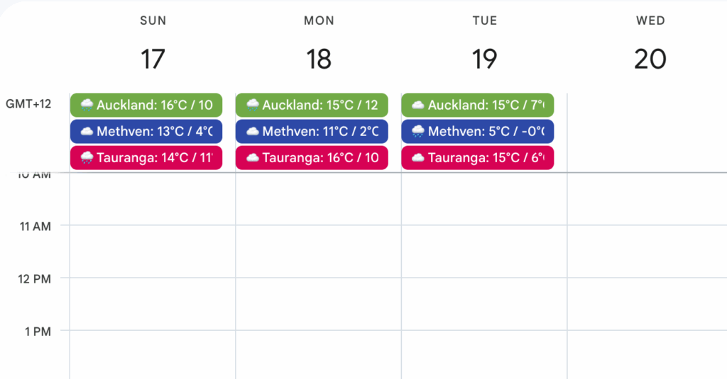 Screenshot of Google Calendar showing Weather Calendar Events appearing each day.