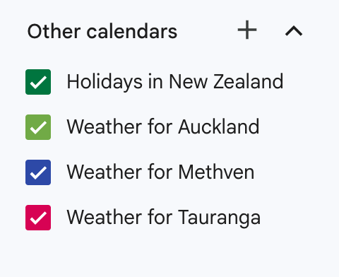 Screenshot of Other Calendars in Google Calendar, showing New Zealand Holidays, and Weather Calendar.